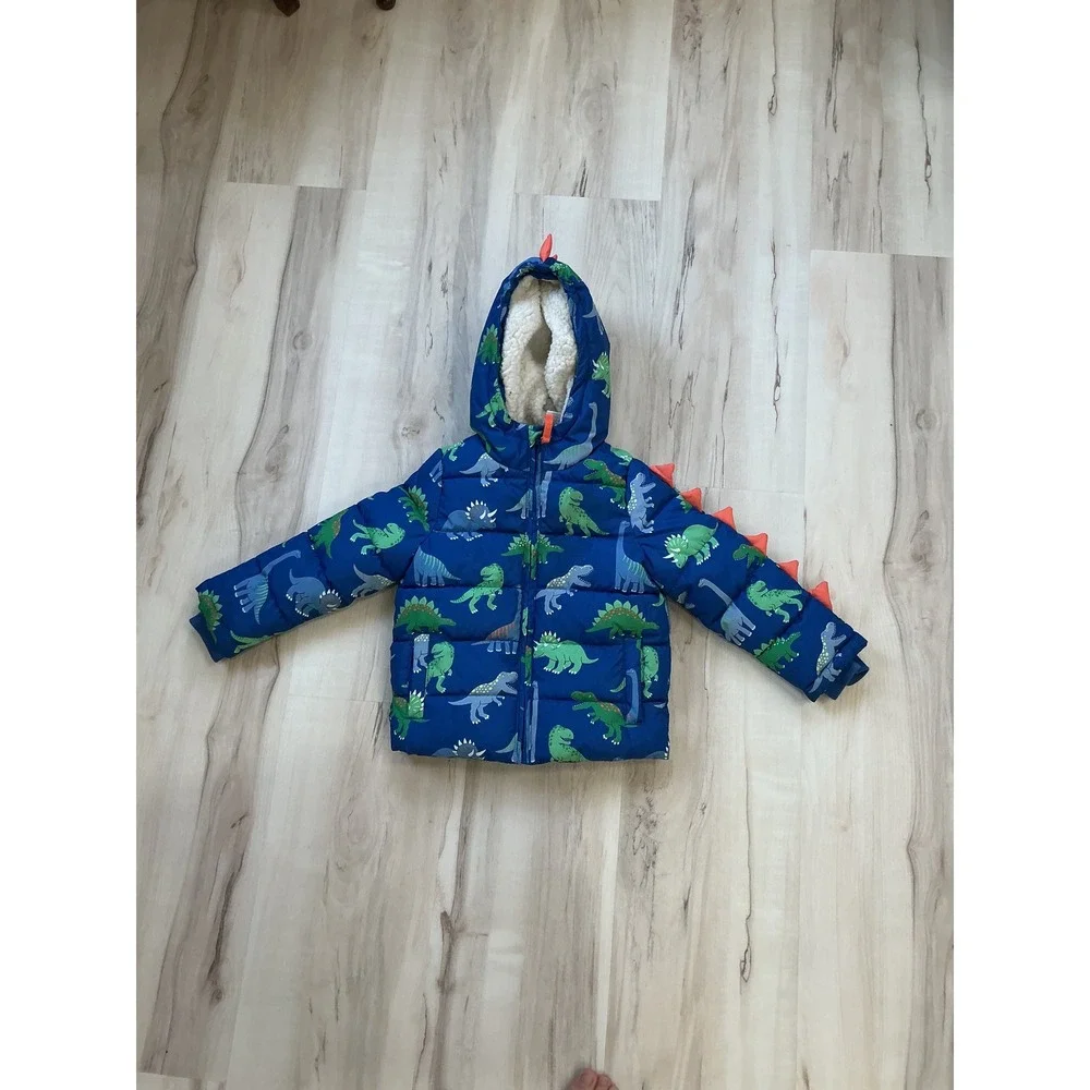 Gymboree Boys Blue Dinosaur Puffer Jacket Sherpa Lined 3D Spikes 4T 3050226